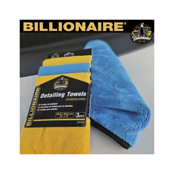 Pack 3 Paños Detailing Billionaire Kit 1 Paño Microfibra 360 gsm 1 Bayeta de Secado y 1 Bayeta Especial Cristales